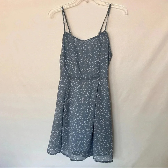 Floral Print Mini Tied Back Dress Blue Stone Sheer Fully Lined Flowy - Picture 1 of 11